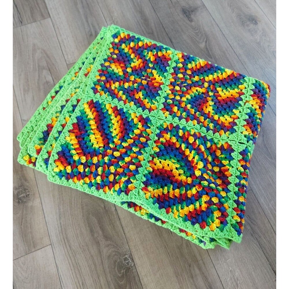 Rainbow Neon Green Granny Square Afghan Blanket Crochet 8 x 10 ft